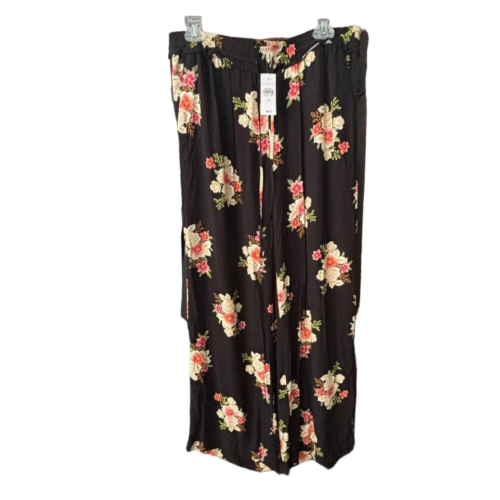 Loft Black Floral Wide Leg Pant Size Small NWT Elastic Drawstring waist New